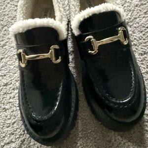 Steve Madden Black Patent Faux Shearling Loafers with Gold Hardware